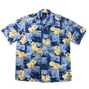 Caribbean Joe Hawaiian Shirt Washable Silk Blue Floral Postage Stamp Mens Size L